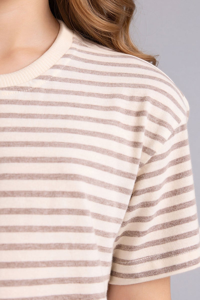 DeFacto Beige Girl Girl Relax Fit Crew Neck Striped School T-Shirt Casual - Image 3